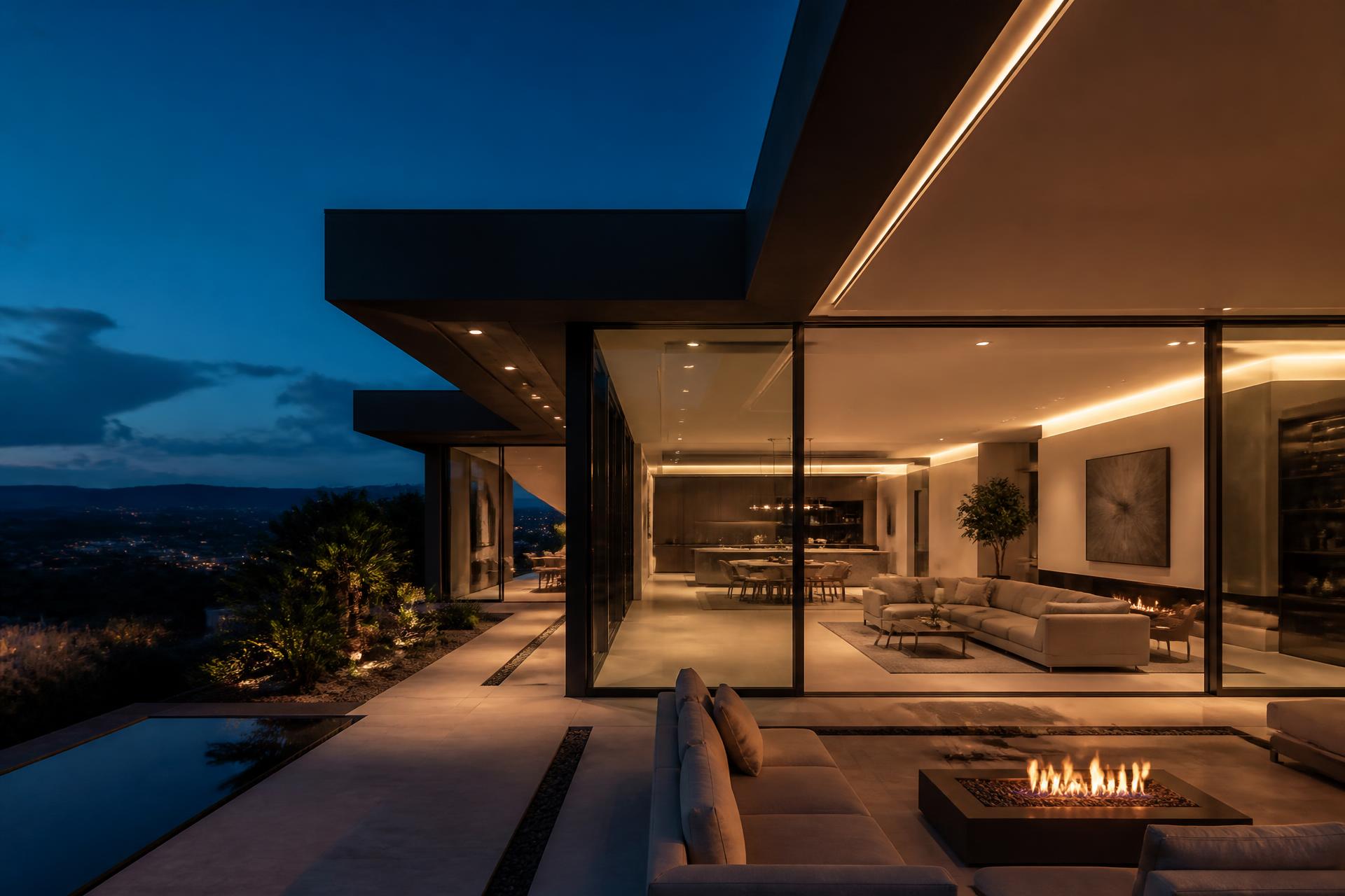 Residência contemporânea ao anoitecer com iluminação arquitetônica integrada